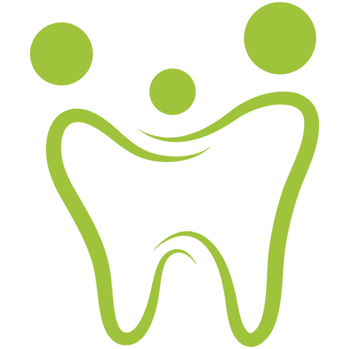 Green stylized tooth icon with happy face design representing dental care and healthy smile.