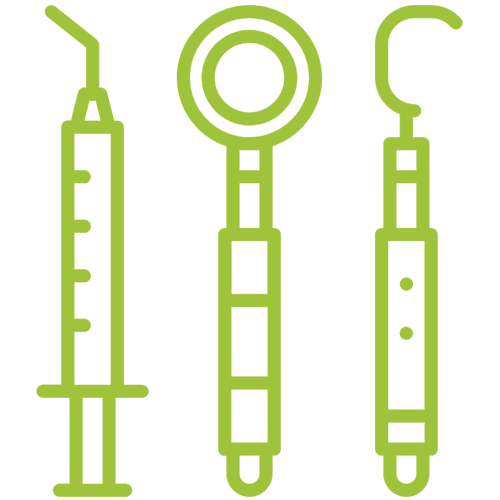 Dental tools icon: syringe, mirror, and scaler in green outline design.