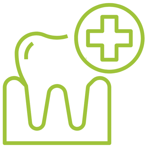 Green line illustration of tooth with medical cross symbol indicating dental care and treatment.