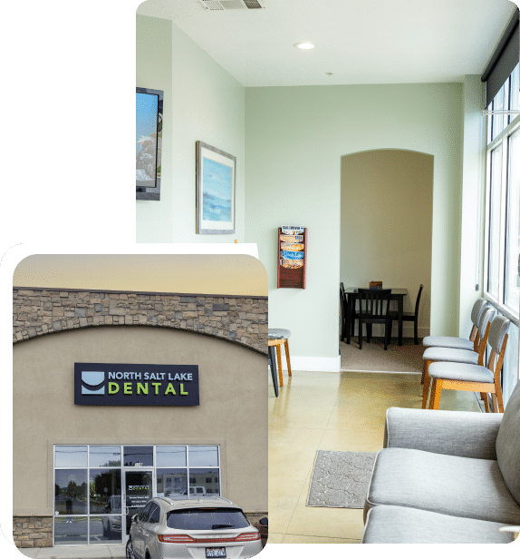 North Salt Lake Dental office exterior and modern waiting room interior with light green walls and comfortable seating.