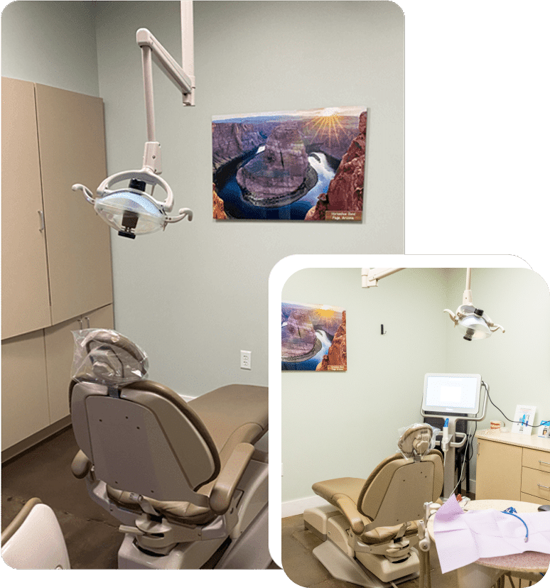 Dental operatory with chair, overhead light, and colorful artwork on walls