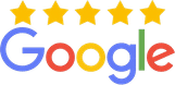 Google logo with five gold stars above, indicating excellent customer reviews and ratings.